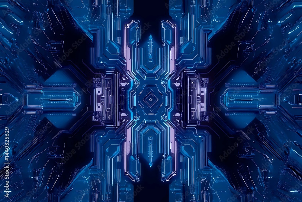 Abstract close-up of a glowing blue digital circuit board, showcasing intricate connections and technological design on a black background.