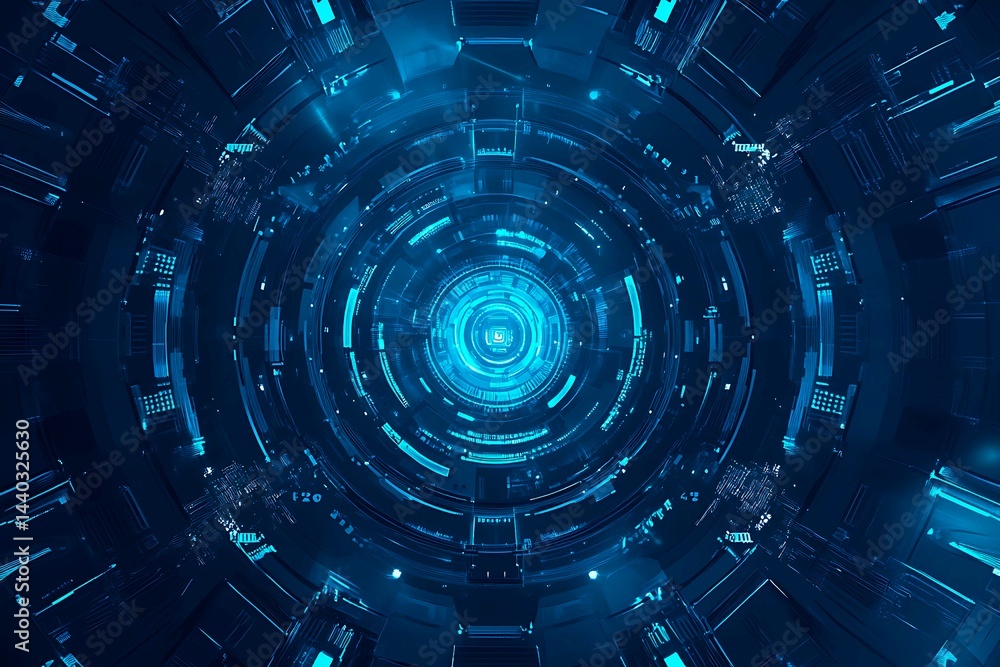 Abstract close-up of a glowing blue digital circuit board, showcasing intricate connections and technological design on a black background.