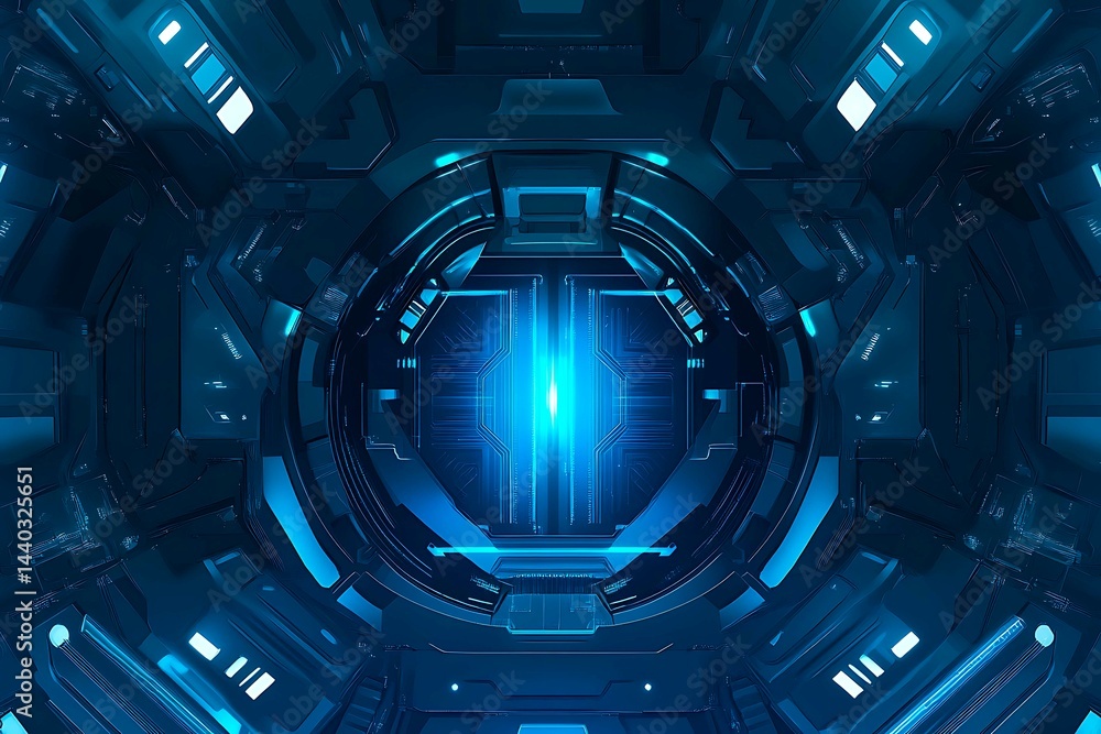Abstract close-up of a glowing blue digital circuit board, showcasing intricate connections and technological design on a black background.