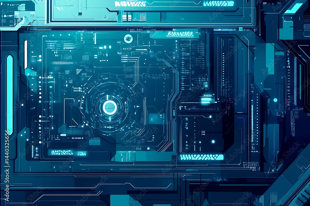 Abstract close-up of a glowing blue digital circuit board, showcasing intricate connections and technological design on a black background.
