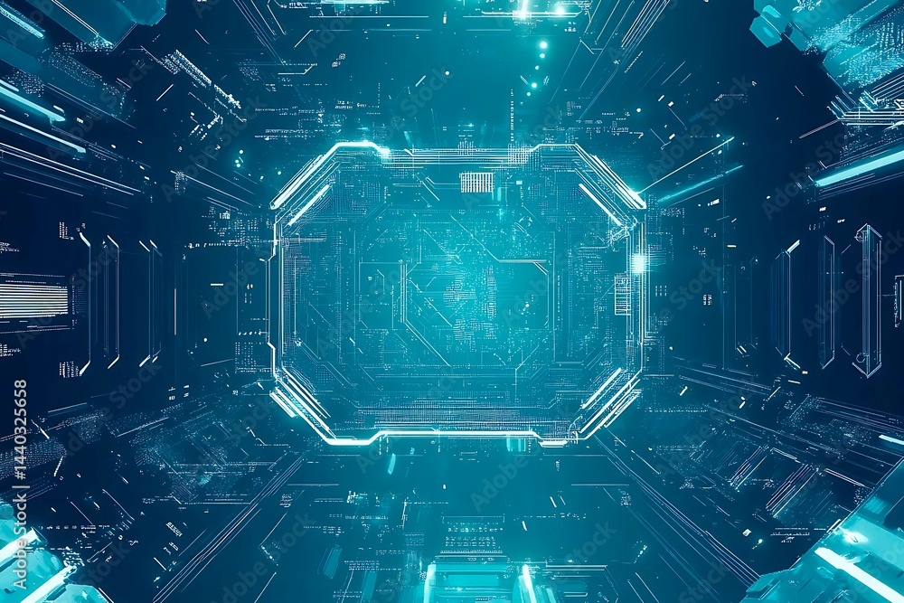 Abstract close-up of a glowing blue digital circuit board, showcasing intricate connections and technological design on a black background.