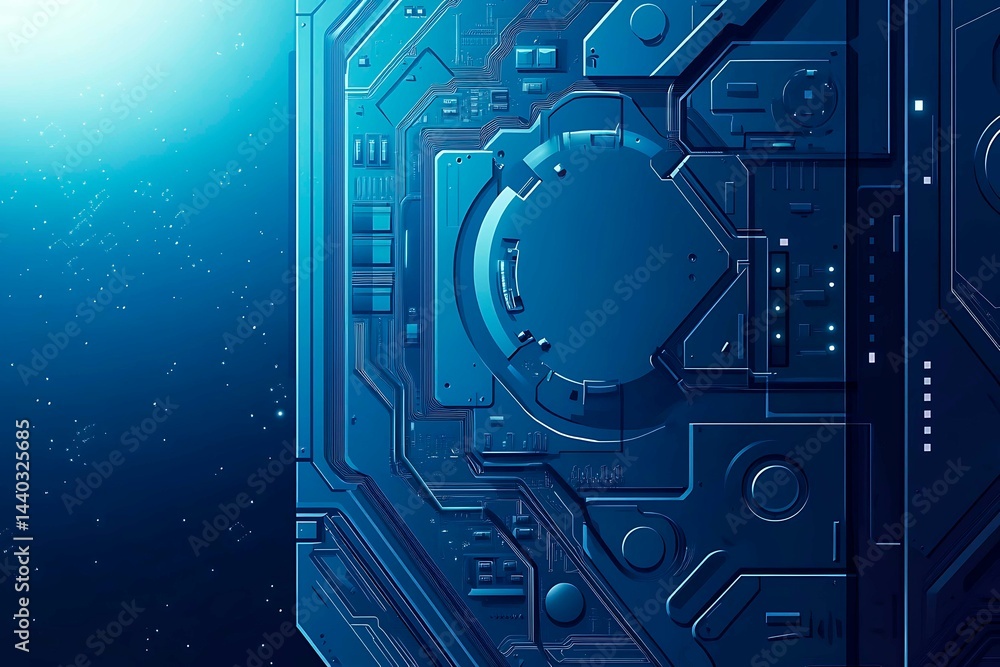 Abstract close-up of a glowing blue digital circuit board, showcasing intricate connections and technological design on a black background.
