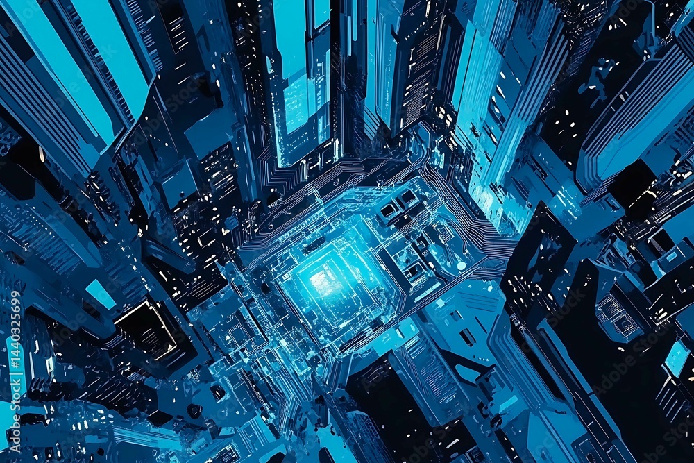 Abstract close-up of a glowing blue digital circuit board, showcasing intricate connections and technological design on a black background.