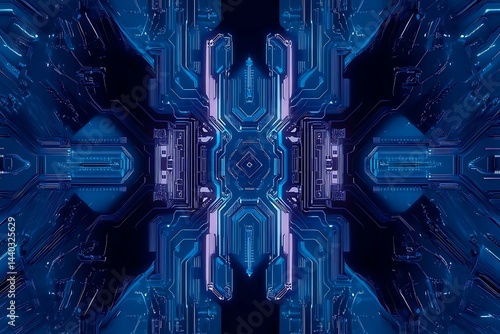 Obraz na płótnie Abstract close-up of a glowing blue digital circuit board, showcasing intricate connections and technological design on a black background.
w salonie