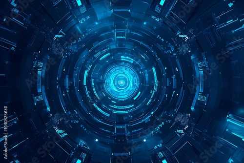 Abstract close-up of a glowing blue digital circuit board, showcasing intricate connections and technological design on a black background.
