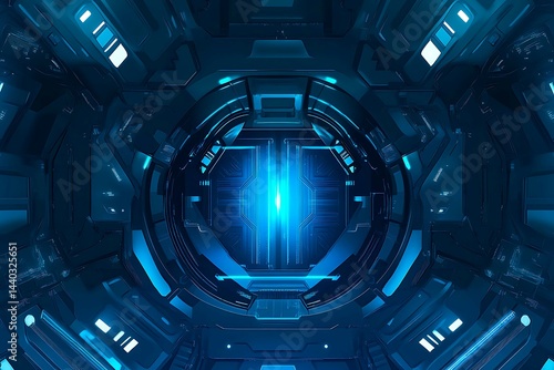 Obraz na płótnie Abstract close-up of a glowing blue digital circuit board, showcasing intricate connections and technological design on a black background.
w salonie