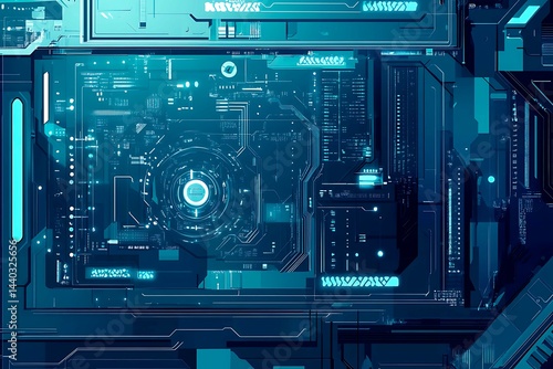 Obraz na płótnie Abstract close-up of a glowing blue digital circuit board, showcasing intricate connections and technological design on a black background.
w salonie
