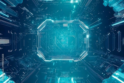 Abstract close-up of a glowing blue digital circuit board, showcasing intricate connections and technological design on a black background.
