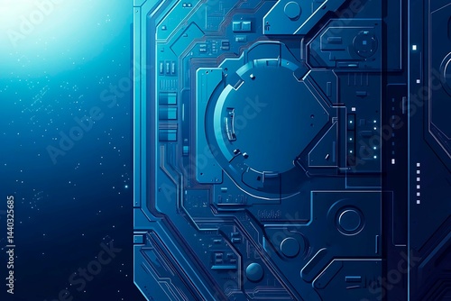 Abstract close-up of a glowing blue digital circuit board, showcasing intricate connections and technological design on a black background.
