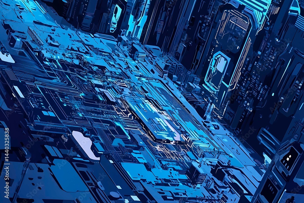 Abstract close-up of a glowing blue digital circuit board, showcasing intricate connections and technological design on a black background.
