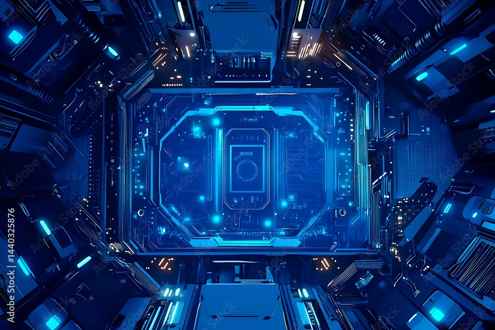 Abstract close-up of a glowing blue digital circuit board, showcasing intricate connections and technological design on a black background.