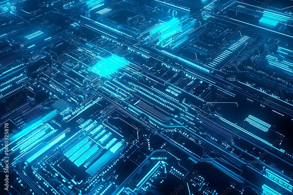 Abstract close-up of a glowing blue digital circuit board, showcasing intricate connections and technological design on a black background.