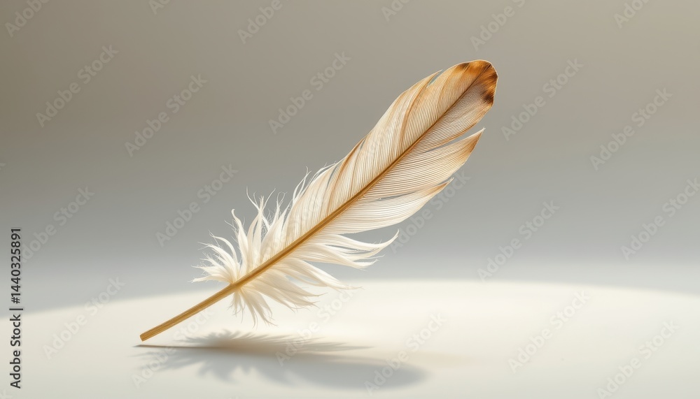 Obraz premium A delicate feather appears to effortlessly float in the soft, ethereal light against a pristine white background, creating a serene and graceful image.