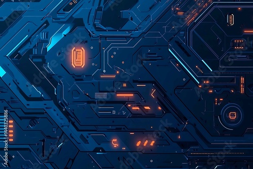 Obraz na płótnie Abstract close-up of a glowing blue digital circuit board, showcasing intricate connections and technological design on a black background.
w salonie