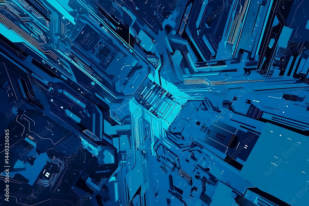 Abstract close-up of a glowing blue digital circuit board, showcasing intricate connections and technological design on a black background.