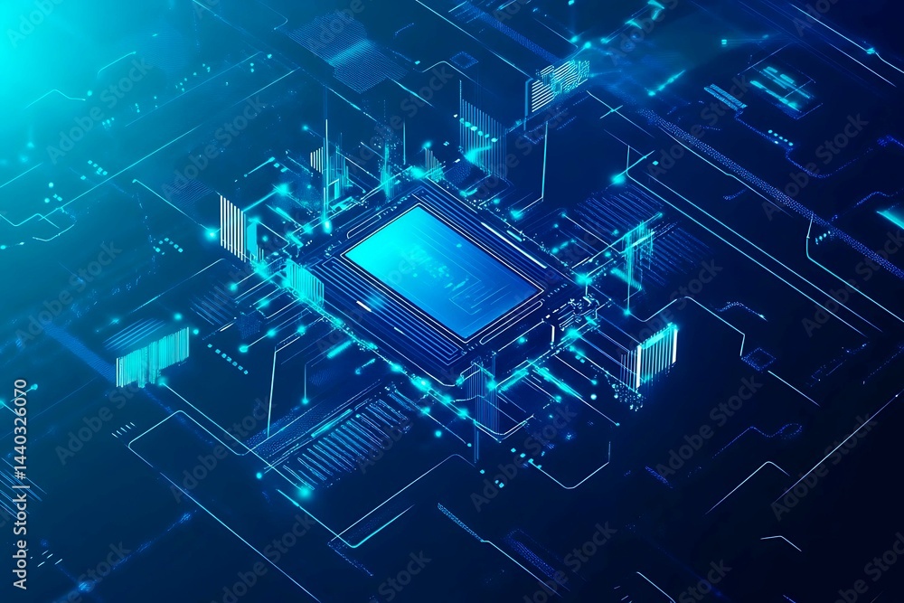 Abstract close-up of a glowing blue digital circuit board, showcasing intricate connections and technological design on a black background.
