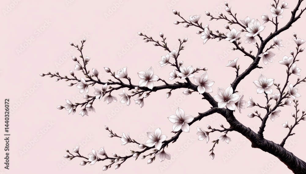 A delicate and intricate monochrome cherry blossom design set against a soft pastel background, exuding serenity and elegance. A delicate and intricate monochrome cherry blossom design set against a soft pastel background, exuding serenity and elegance.