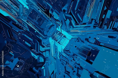 Obraz na płótnie Abstract close-up of a glowing blue digital circuit board, showcasing intricate connections and technological design on a black background.
w salonie