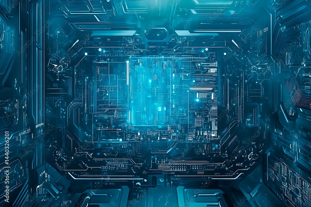 Abstract close-up of a glowing blue digital circuit board, showcasing intricate connections and technological design on a black background.