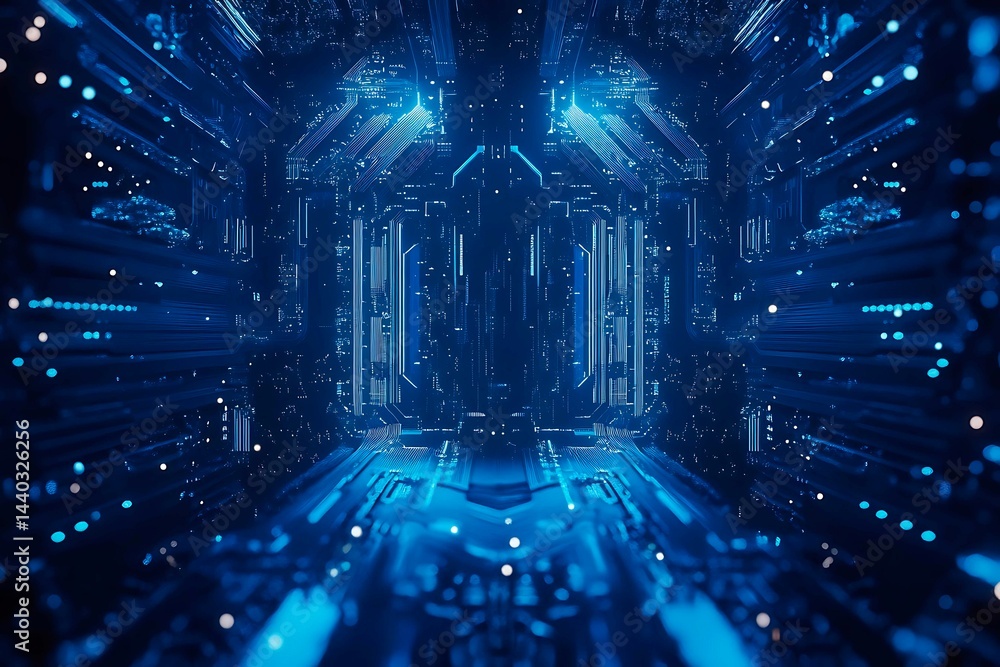 Abstract close-up of a glowing blue digital circuit board, showcasing intricate connections and technological design on a black background.