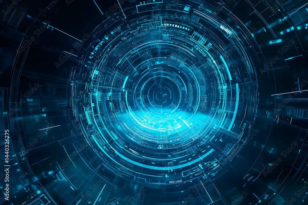 Abstract close-up of a glowing blue digital circuit board, showcasing intricate connections and technological design on a black background.