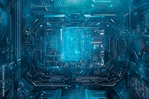 Obraz na płótnie Abstract close-up of a glowing blue digital circuit board, showcasing intricate connections and technological design on a black background.
w salonie