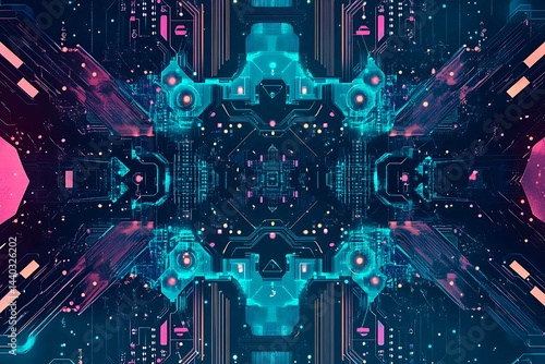 Obraz na płótnie Abstract close-up of a glowing blue digital circuit board, showcasing intricate connections and technological design on a black background.
w salonie