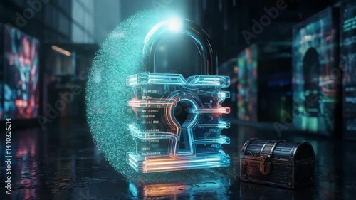 Wallpaper Mural Futuristic digital landscape, glowing padlock symbolizing cyber security, reflections in wet pavement, technology theme. Torontodigital.ca