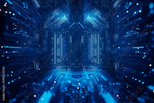 Obraz na płótnie Abstract close-up of a glowing blue digital circuit board, showcasing intricate connections and technological design on a black background.
w salonie