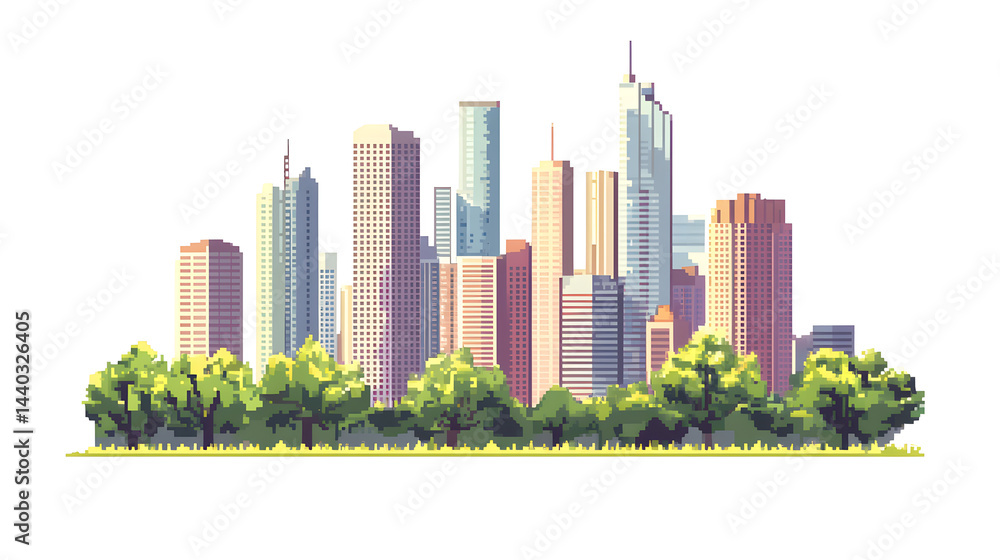 Fototapeta premium Pixel art city skyline with tall buildings isolated on white background 