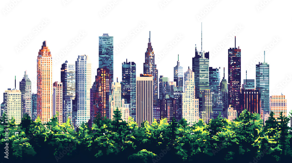 Obraz premium Pixel art city skyline with tall buildings isolated on white background 