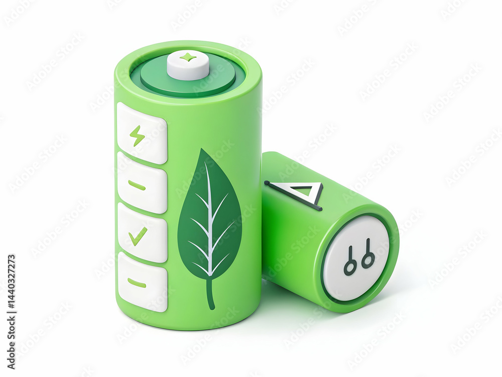 Green Eco-Friendly Battery with Leaf Design and Charge Indicators Green Eco-Friendly Battery with Leaf Design and Charge Indicators