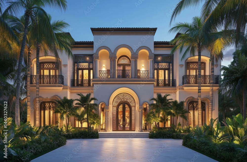 Elegant Mediterranean-style mansion at twilight Elegant Mediterranean-style mansion at twilight