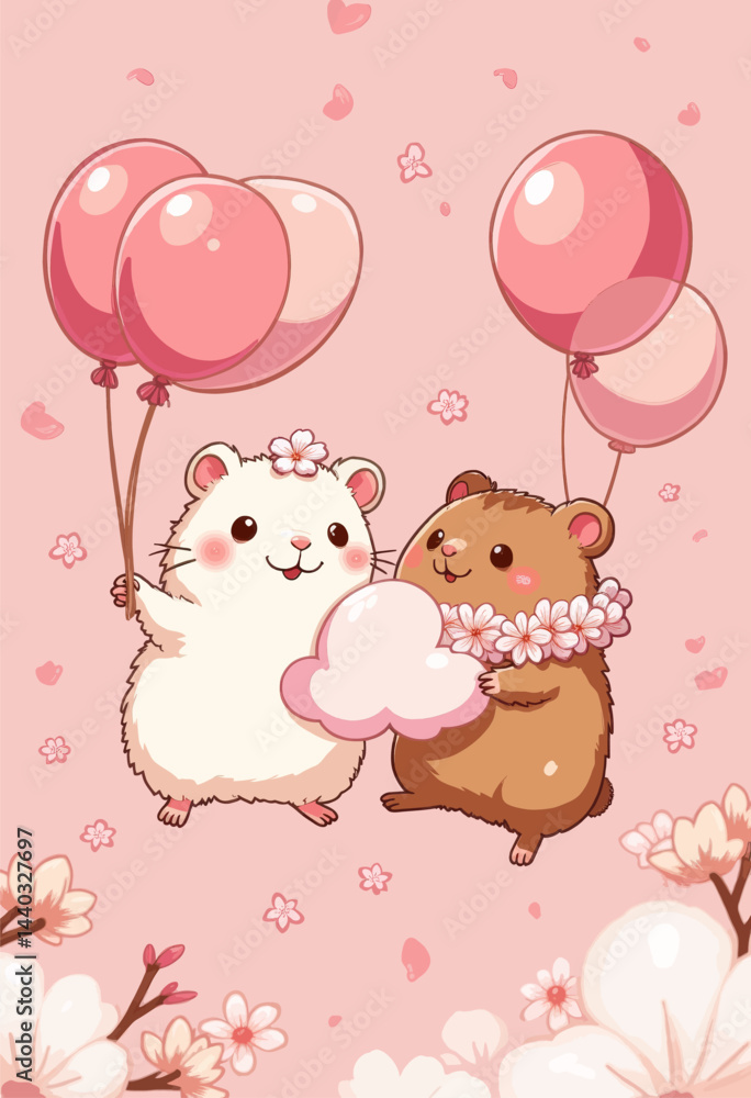 Hamsters with Balloons and Cherry Blossoms on Pink Hamsters with Balloons and Cherry Blossoms on Pink