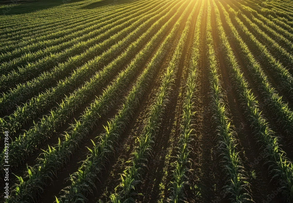 Golden Sunrise Over Green Cornfield with Neat Rows and Vibrant Plants in Fresh Farming Landscape Showcasing Nature's Beauty and Agricultural Abundance Golden Sunrise Over Green Cornfield with Neat Rows and Vibrant Plants in Fresh Farming Landscape Showcasing Nature's Beauty and Agricultural Abundance