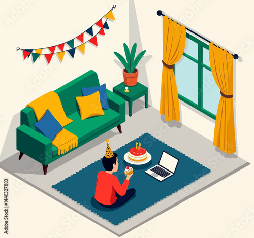 Isometric Birthday Celebration with Laptop and Cake Slice