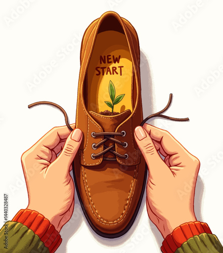 New Start: Plant Growing in Brown Leather Shoe