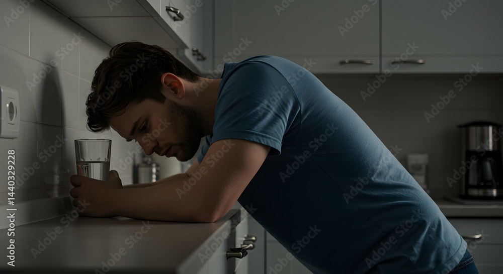 Portrait of a Depressed Man Leaning on a Kitchen Counter with a Glass of Water, Contemplating and Feeling Hopeless Portrait of a Depressed Man Leaning on a Kitchen Counter with a Glass of Water, Contemplating and Feeling Hopeless