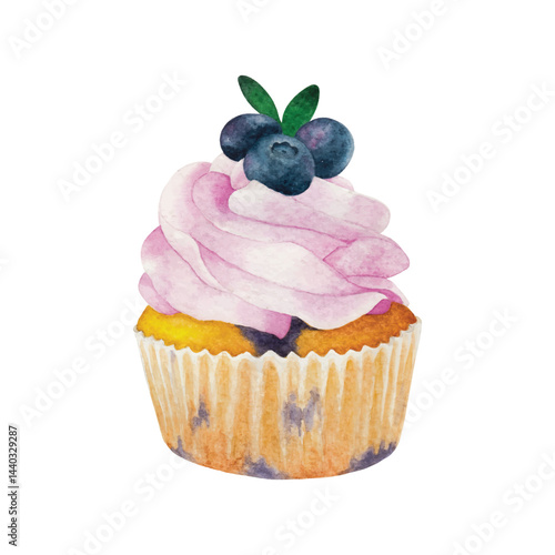 Watercolor illustration of a blueberry cupcake with purple cream frosting and blueberries on top. Great for bakery themes, menu designs, and dessert packaging.