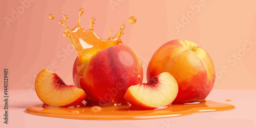 Peaches with Juice Splash on Pink Background