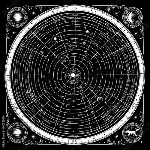 Medieval Celestial Chart with Zodiac Symbols in Monochrome