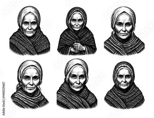 elderly women in traditional headscarves and shawls in black and white illustration style.