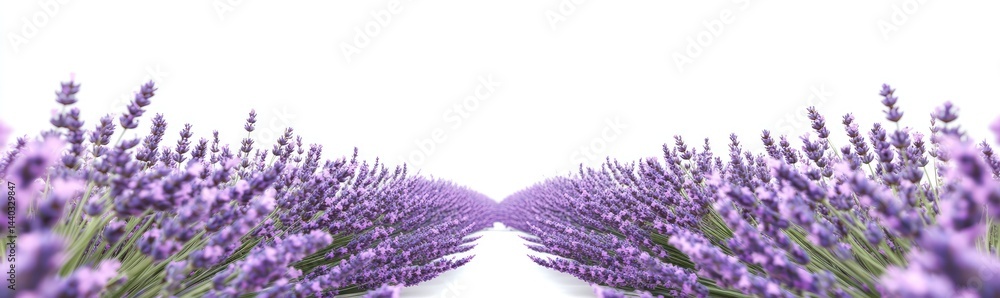 Naklejka premium Serene lavender fields stretch to a vanishing point against a bright white background