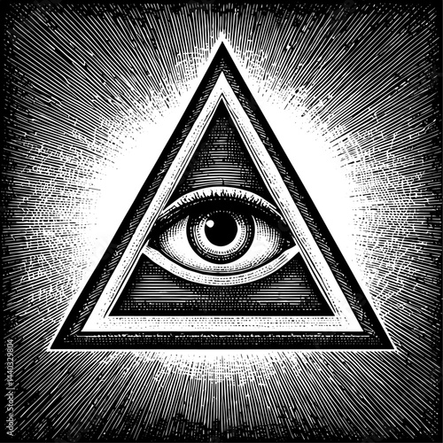 Eye in triangle engraving style in black and white representing Providence or occultism