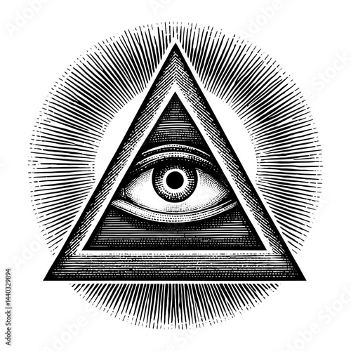 Eye of Providence woodblock print style in black and white vintage illustration