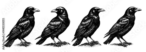 crows set woodcut vintage style, black and white illustration