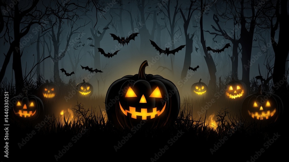 Spooky Halloween night scene with glowing jack o' lanterns, bats, and a dark forest. Perfect for Halloween themes and backgrounds. Spooky Halloween night scene with glowing jack o' lanterns, bats, and a dark forest. Perfect for Halloween themes and backgrounds.