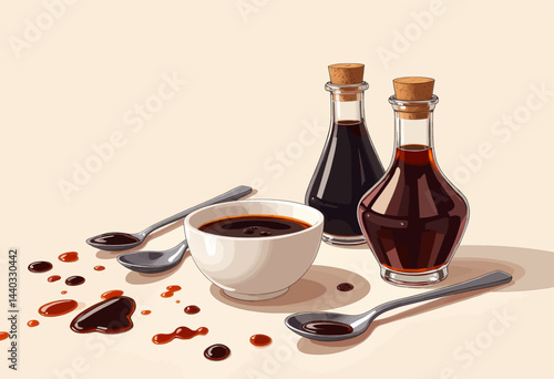 Soy sauce bottles, bowl, and spoons with spills