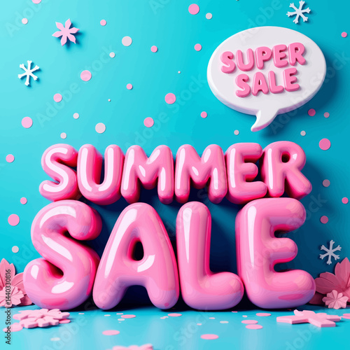 Summer Sale Pink Balloon Letters on Blue Background