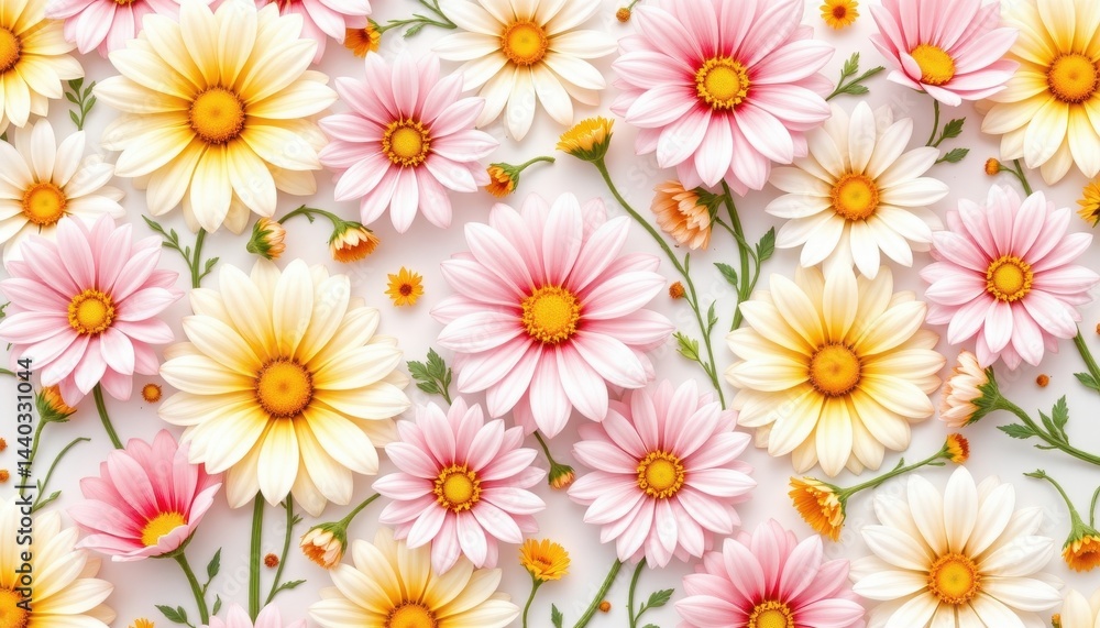 A seamless layout of watercolor daisies in soft pastel shades of pink, yellow, and white, with delicate green leaves and stems, evoking the feeling of a warm spring day. A seamless layout of watercolor daisies in soft pastel shades of pink, yellow, and white, with delicate green leaves and stems, evoking the feeling of a warm spring day.